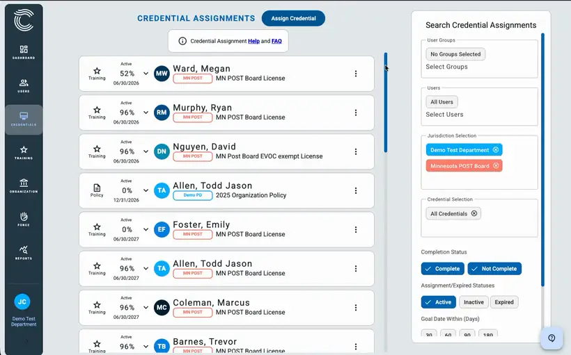 ConfiTrek credential-assignment list scrolling through officers and their training completion percentages