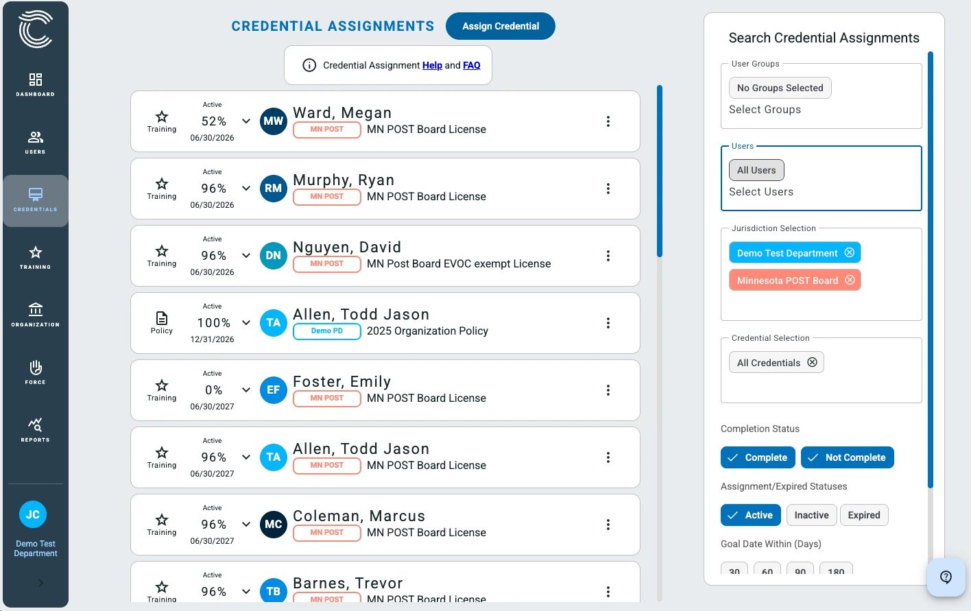 ConfiTrek admin view for managing and tracking training across the agency roster