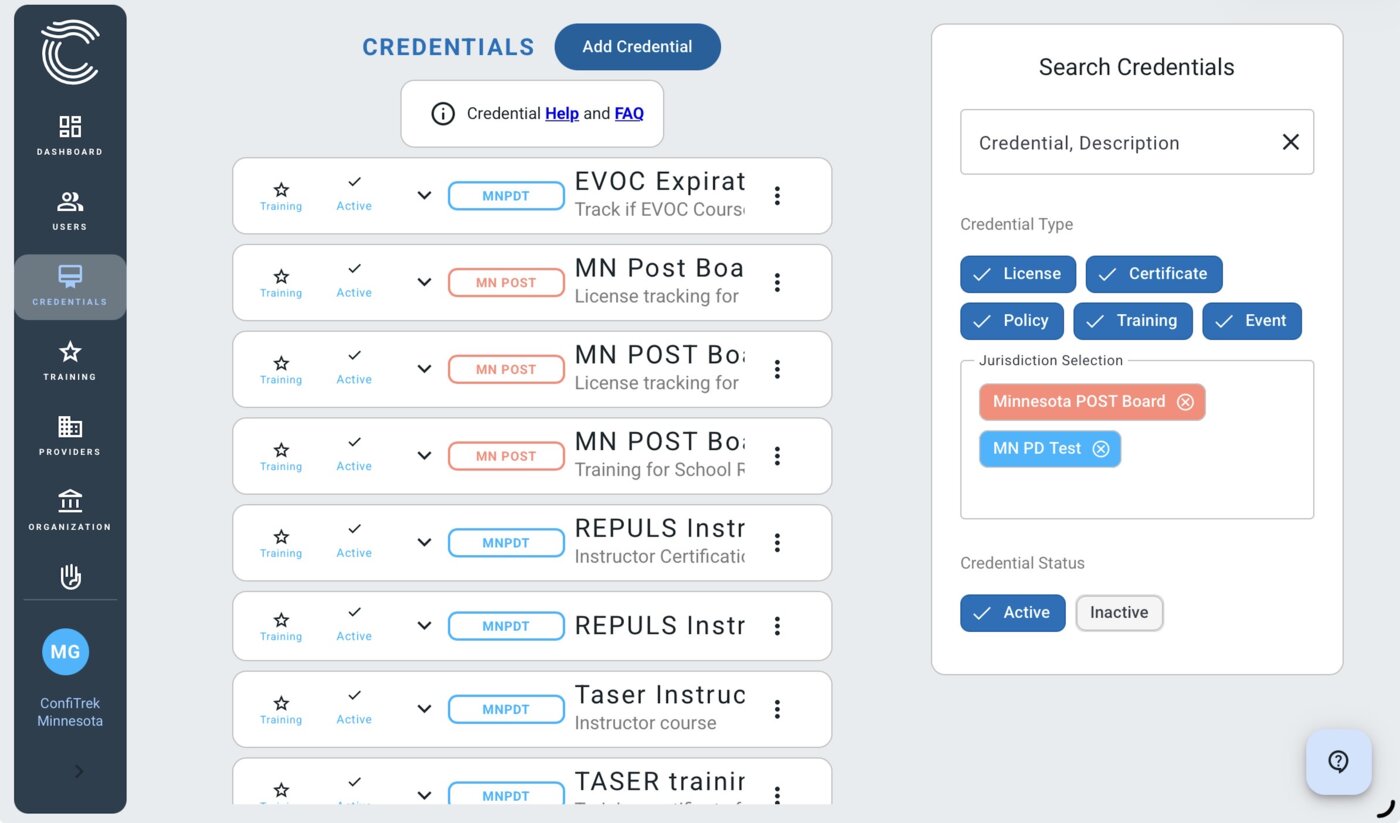 ConfiTrek credentials management screen