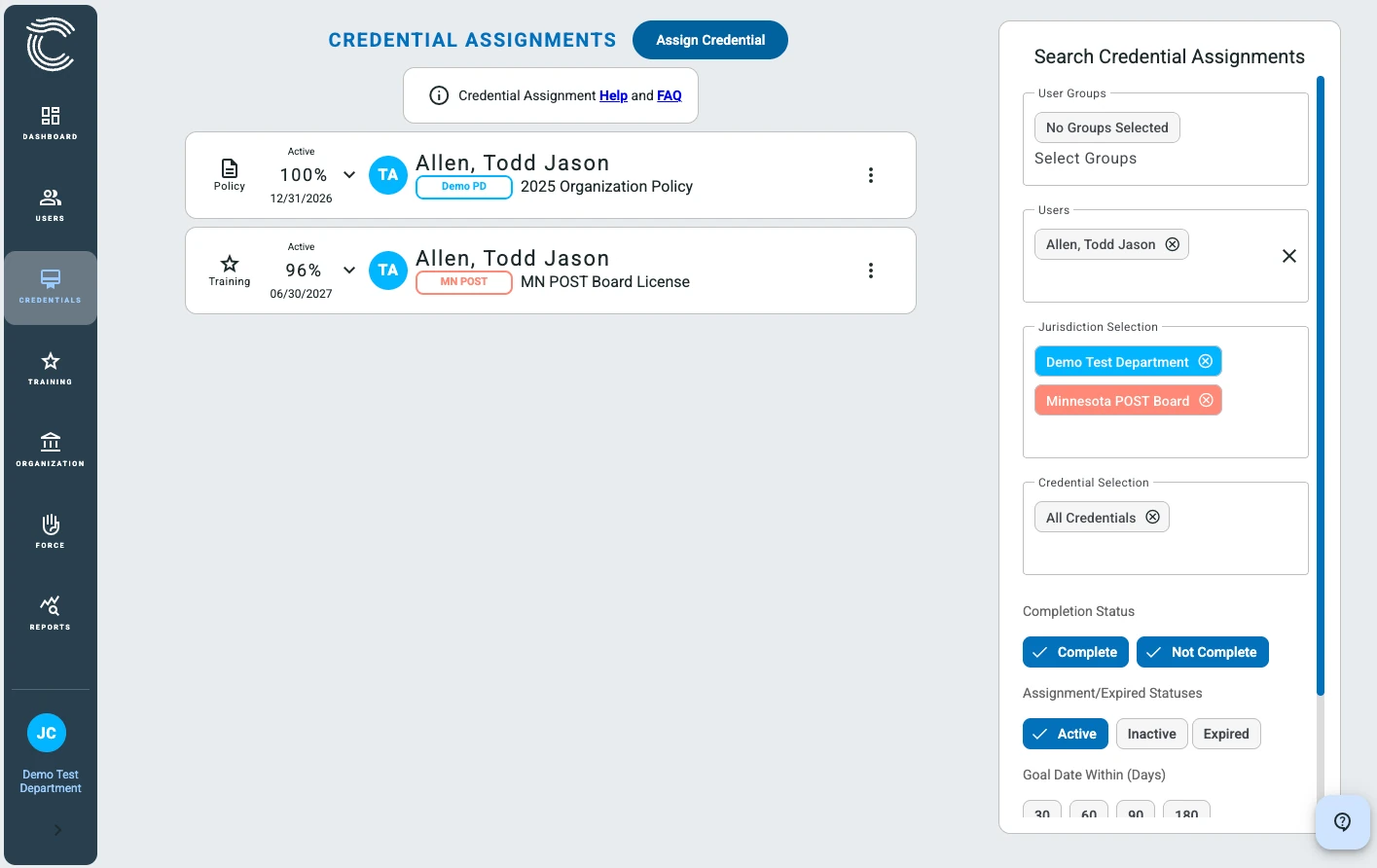 A single officer's ConfiTrek credential assignments — each required credential with its status and due date in one personal view